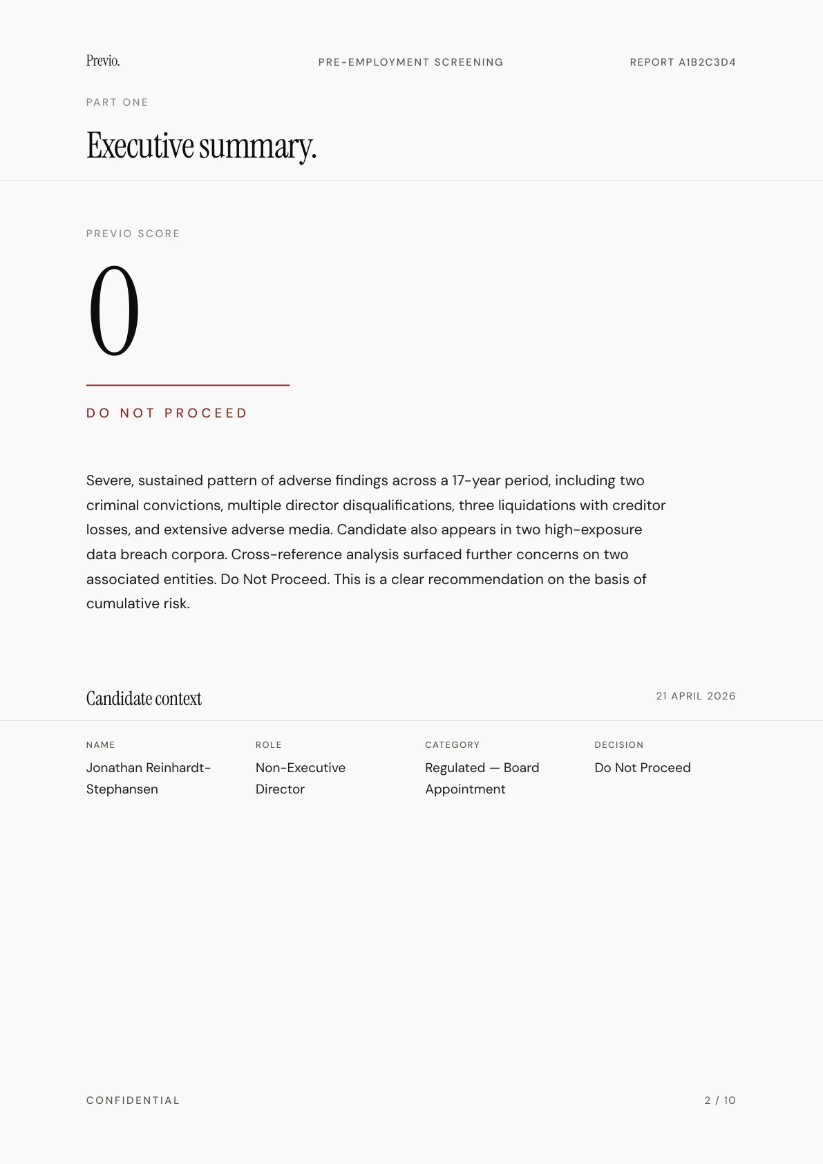 The first page of a specimen screening report: the subject, the score and the summary of findings. The subject is fictional.